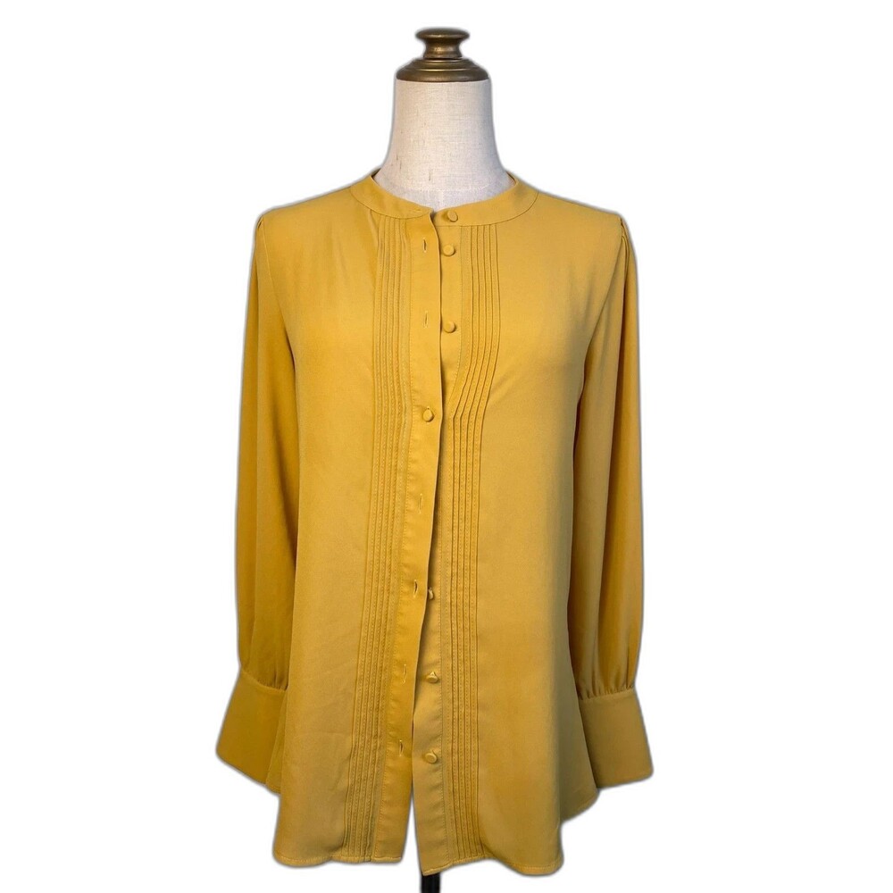 Ann Taylor golden yellow blouse button shirt pintuck pleat women xs mustard
